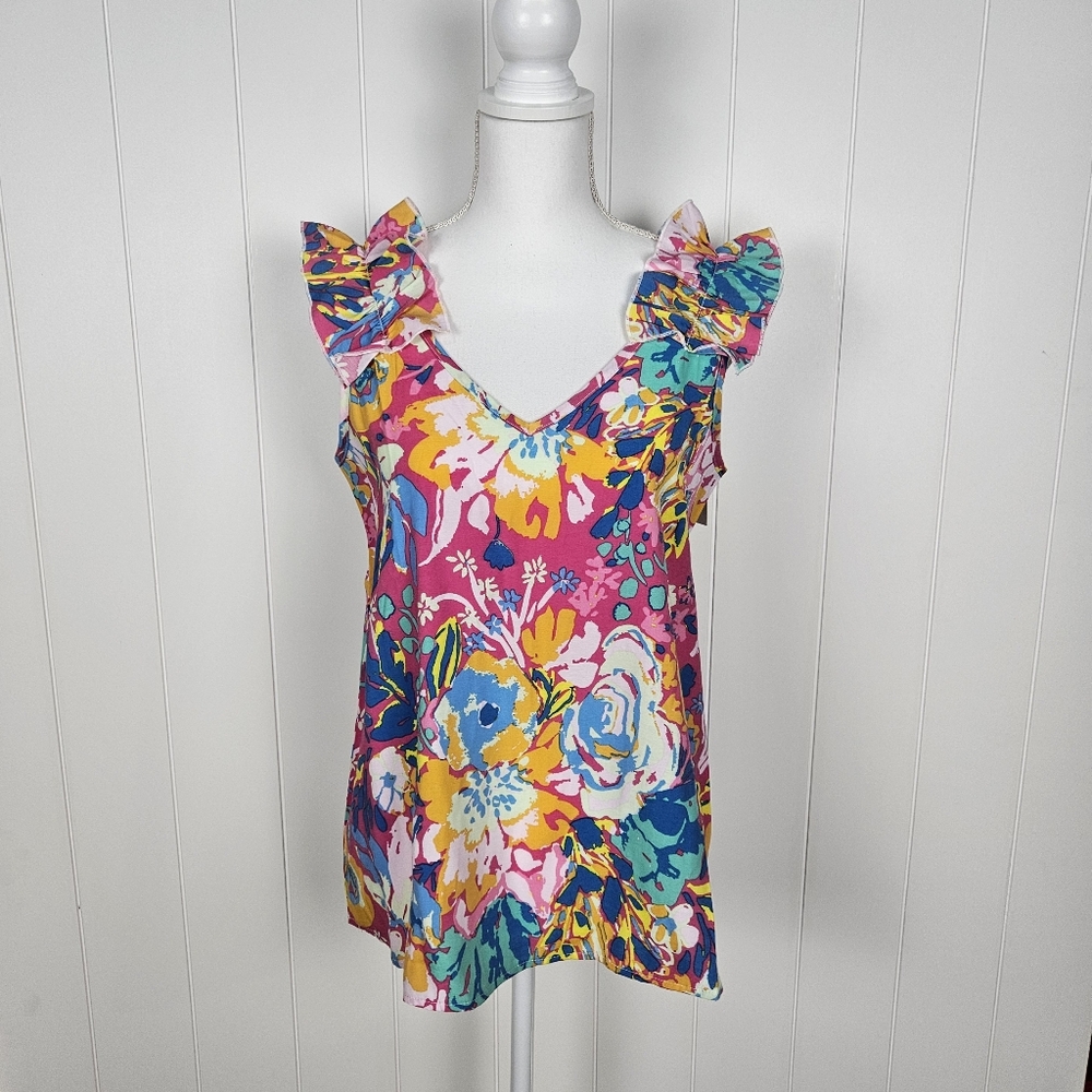 Mud Pie Arielle Tank Womens Small Ruffle Top Colorful Floral V-neck Loose